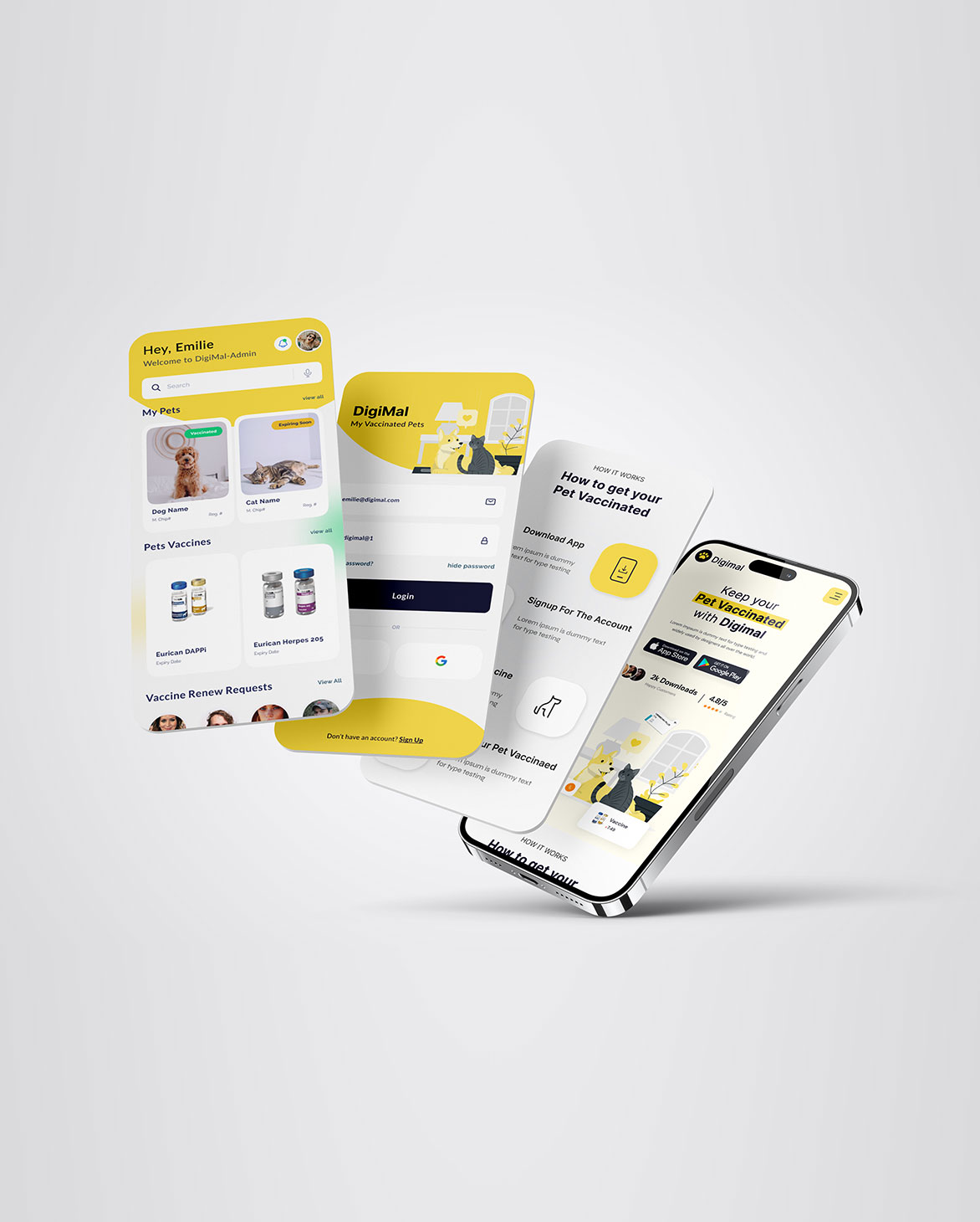 Digimal Pet Vaccination app and reponsive landing page